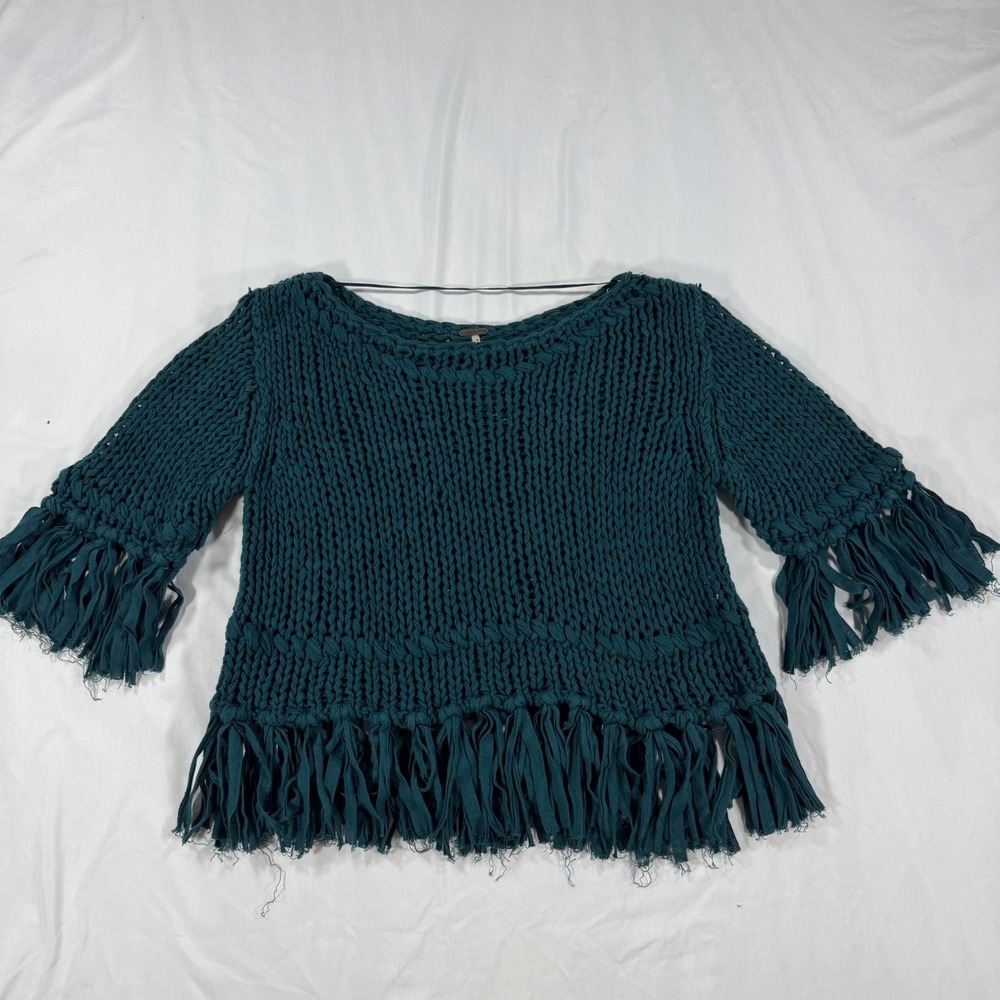 Free People On the Fringe Teal Chunky Cotton Knit Fringe Sweater Boho XS - Picture 2 of 8